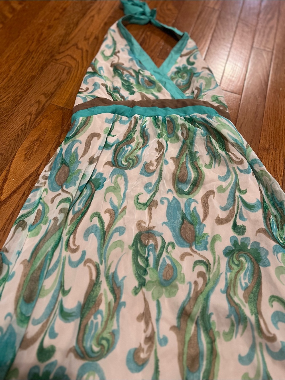 Jonathan Martin Teal, Aqua & Taupe Paisley Halter Maxi Dress